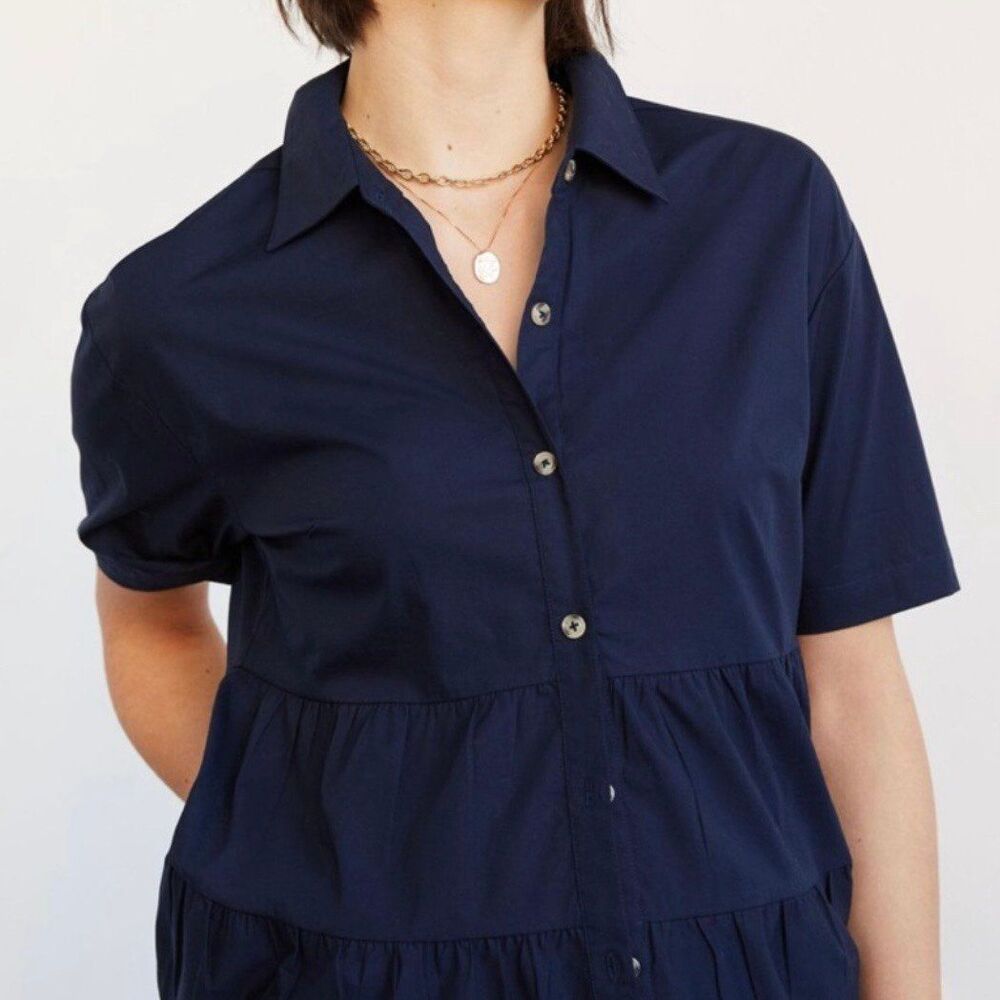 Anthropologie Porridge Navy Faye Tiered Button Down Tunic Blouse Top L